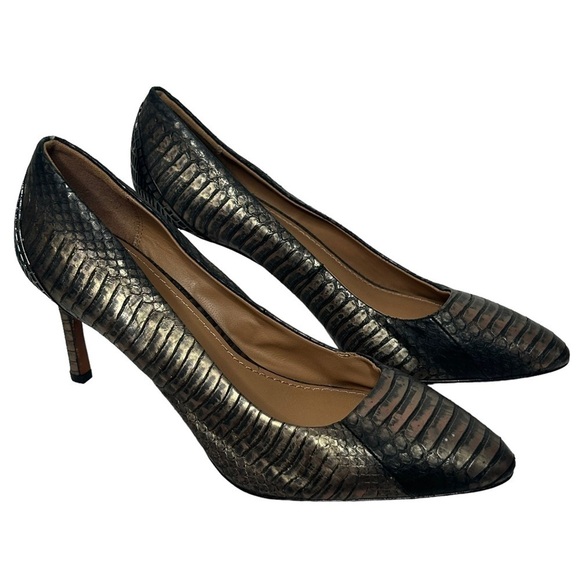 Rachel Zoe Snake Print Metallic Pewter Pointy Toe Heels - Picture 1 of 14
